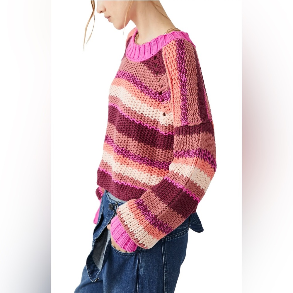 Free People Devon Sweater in Fuchsia Rose Combo. NWT Size Medium. - Picture 4 of 6